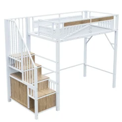 Okwish Lit Mezzanine Métal 90x200 cm avec Fenêtre Sécurisée et Escalier de Rangement - Métal Blanc* Lit Mezzanine