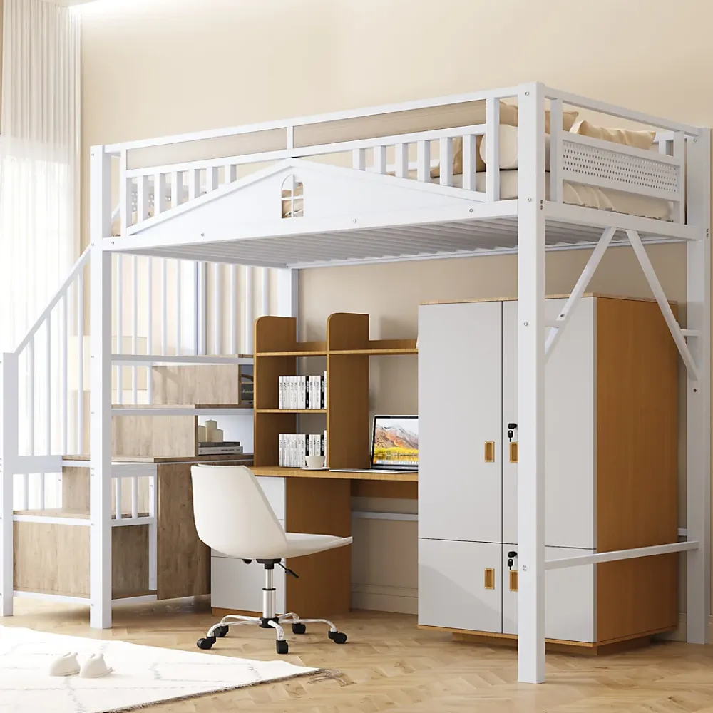 Okwish Lit Mezzanine Métal 90x200 cm avec Fenêtre Sécurisée et Escalier de Rangement - Métal Blanc* Lit Mezzanine