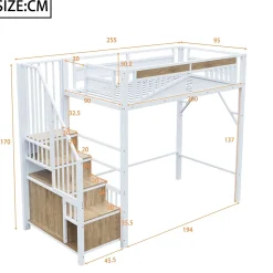 Okwish Lit Mezzanine Métal 90x200 cm avec Fenêtre Sécurisée et Escalier de Rangement - Métal Blanc* Lit Mezzanine