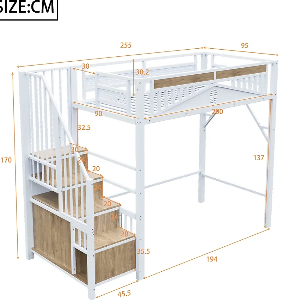 Okwish Lit Mezzanine Métal 90x200 cm avec Fenêtre Sécurisée et Escalier de Rangement - Métal Blanc* Lit Mezzanine