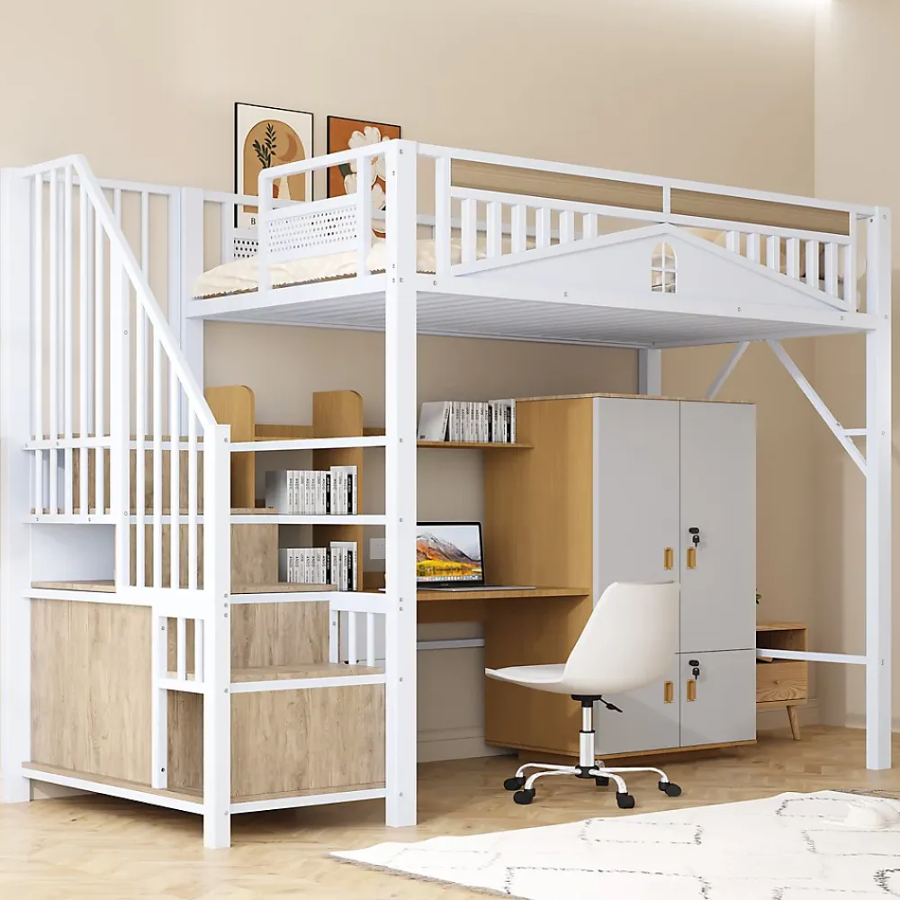 Okwish Lit Mezzanine Métal 90x200 cm avec Fenêtre Sécurisée et Escalier de Rangement - Métal Blanc* Lit Mezzanine