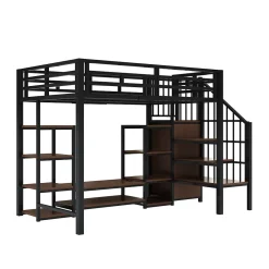 Okwish Lit Mezzanine Métal 90x200 cm enfant avec Escalier Sécurisé, Rangement et Support TV - Noir* Lit Mezzanine