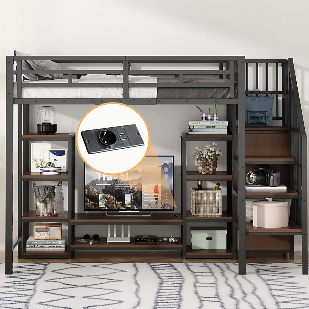 Okwish Lit Mezzanine Métal 90x200 cm enfant avec Escalier Sécurisé, Rangement et Support TV - Noir* Lit Mezzanine
