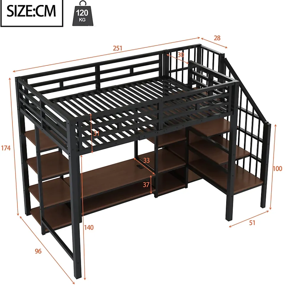 Okwish Lit Mezzanine Métal 90x200 cm enfant avec Escalier Sécurisé, Rangement et Support TV - Noir* Lit Mezzanine