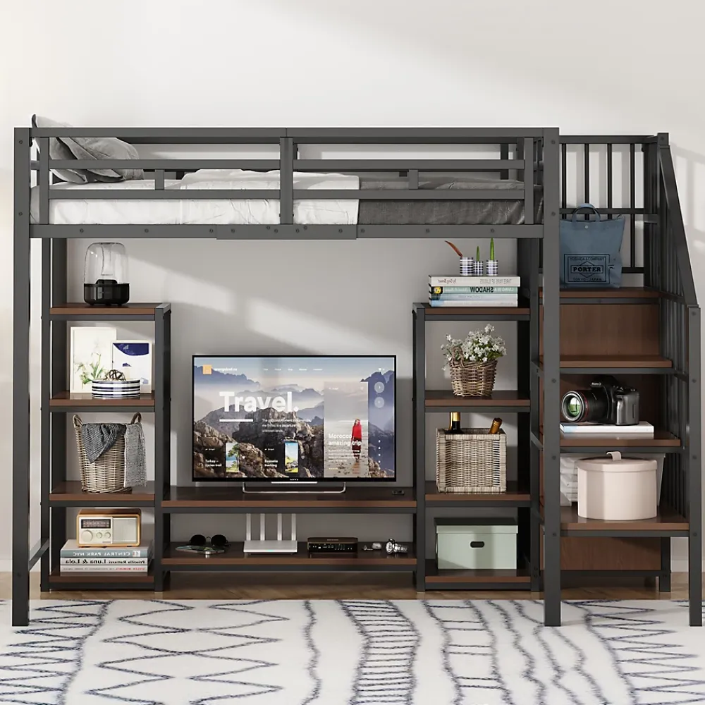 Okwish Lit Mezzanine Métal 90x200 cm enfant avec Escalier Sécurisé, Rangement et Support TV - Noir* Lit Mezzanine