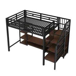Okwish Lit Mezzanine Métal 90x200 cm enfant avec Escalier Sécurisé, Rangement et Support TV - Noir* Lit Mezzanine