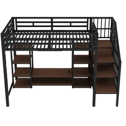 Okwish Lit Mezzanine Métal 90x200 cm enfant avec Escalier Sécurisé, Rangement et Support TV - Noir* Lit Mezzanine