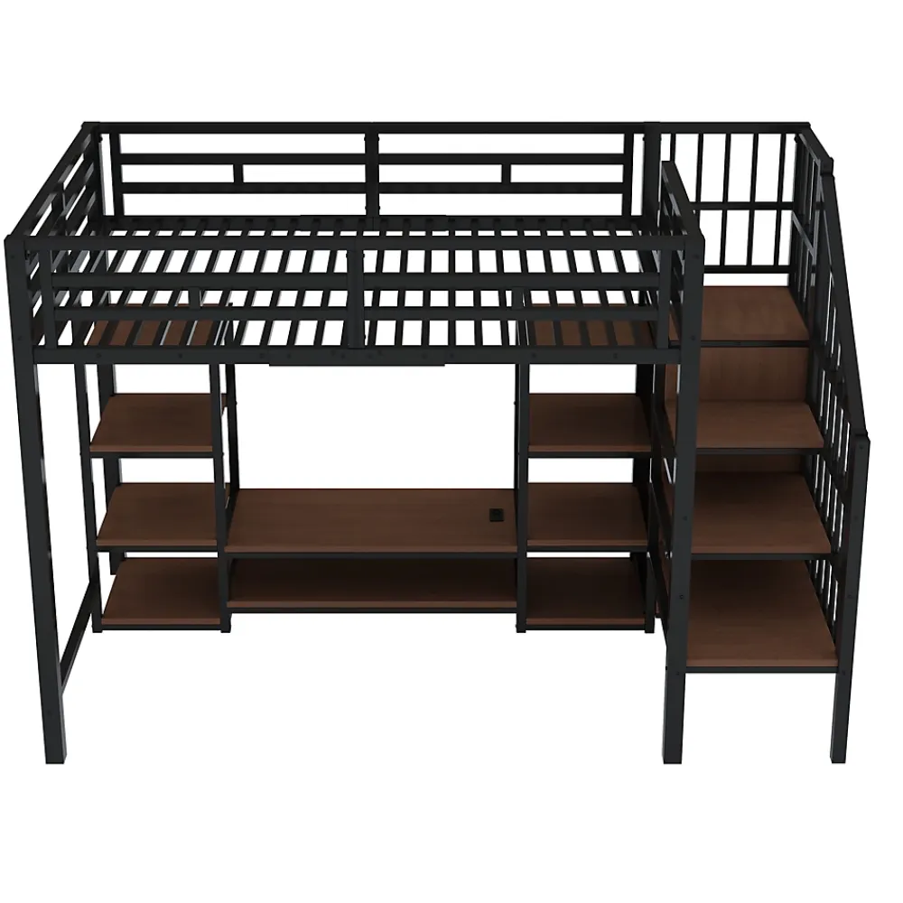Okwish Lit Mezzanine Métal 90x200 cm enfant avec Escalier Sécurisé, Rangement et Support TV - Noir* Lit Mezzanine