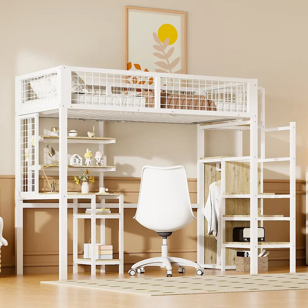 Simple Life Lit mezzanine métal 90x200cm blanc avec armoire et bureau, échelle sécurisée* Lit Mezzanine