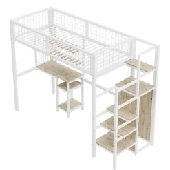 Simple Life Lit mezzanine métal 90x200cm blanc avec armoire et bureau, échelle sécurisée* Lit Mezzanine