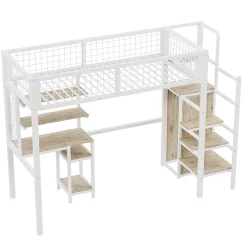 Simple Life Lit mezzanine métal 90x200cm blanc avec armoire et bureau, échelle sécurisée* Lit Mezzanine