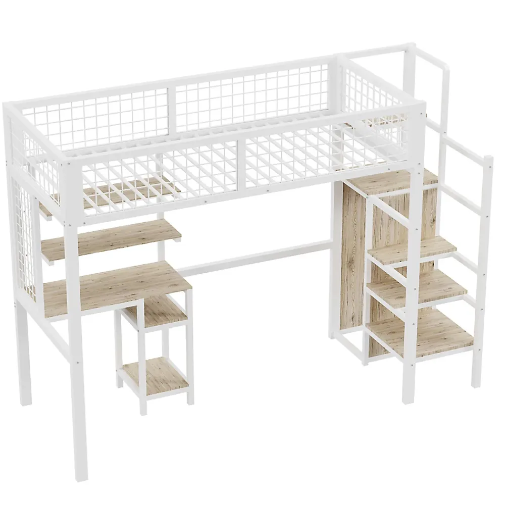 Simple Life Lit mezzanine métal 90x200cm blanc avec armoire et bureau, échelle sécurisée* Lit Mezzanine