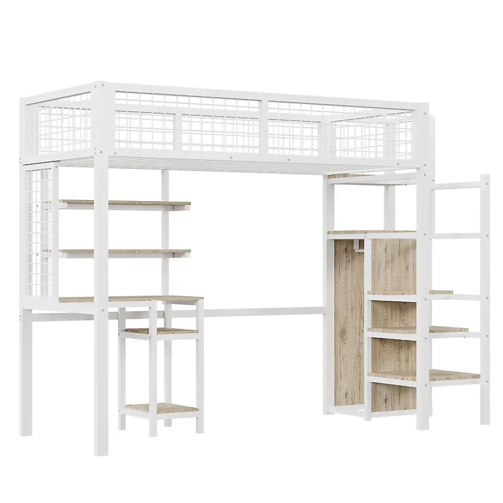 Simple Life Lit mezzanine métal 90x200cm blanc avec armoire et bureau, échelle sécurisée* Lit Mezzanine