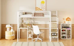 Simple Life Lit mezzanine métal 90x200cm blanc avec armoire et bureau, échelle sécurisée* Lit Mezzanine