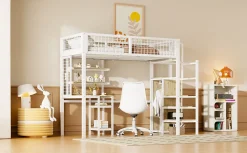 Simple Life Lit mezzanine métal 90x200cm blanc avec armoire et bureau, échelle sécurisée* Lit Mezzanine