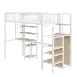 Simple Life Lit mezzanine métal 90x200cm blanc avec armoire et bureau, échelle sécurisée* Lit Mezzanine
