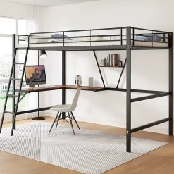 Urban Meuble Lit mezzanine métallique noir avec bureau en L et étagère 90x200cm* Lit Mezzanine