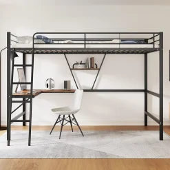 Urban Meuble Lit mezzanine métallique noir avec bureau en L et étagère 90x200cm* Lit Mezzanine