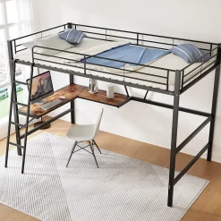 Urban Meuble Lit mezzanine métallique noir avec bureau en L et étagère 90x200cm* Lit Mezzanine