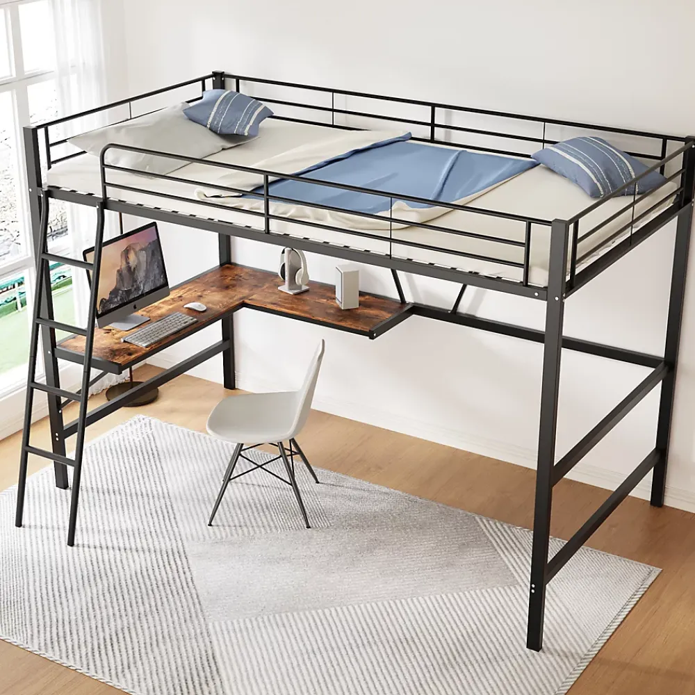 Urban Meuble Lit mezzanine métallique noir avec bureau en L et étagère 90x200cm* Lit Mezzanine