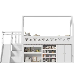 ModernLuxe Lit mezzanine multifonctionnel 90x200 cm en bois et MDF - avec toboggan, escalier et casiers - Blanc(sans matelas)*Enfant Lit Enfant