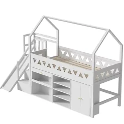 ModernLuxe Lit mezzanine multifonctionnel 90x200 cm en bois et MDF - avec toboggan, escalier et casiers - Blanc(sans matelas)*Enfant Lit Enfant