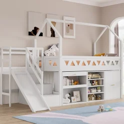 ModernLuxe Lit mezzanine multifonctionnel 90x200 cm en bois et MDF - avec toboggan, escalier et casiers - Blanc(sans matelas)*Enfant Lit Enfant