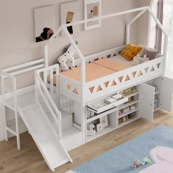 ModernLuxe Lit mezzanine multifonctionnel 90x200 cm en bois et MDF - avec toboggan, escalier et casiers - Blanc(sans matelas)*Enfant Lit Enfant