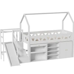 ModernLuxe Lit mezzanine multifonctionnel 90x200 cm en bois et MDF - avec toboggan, escalier et casiers - Blanc(sans matelas)*Enfant Lit Enfant