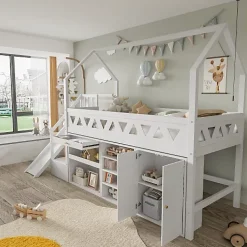 ModernLuxe Lit mezzanine multifonctionnel 90x200 cm en bois et MDF - avec toboggan, escalier et casiers - Blanc(sans matelas)*Enfant Lit Enfant