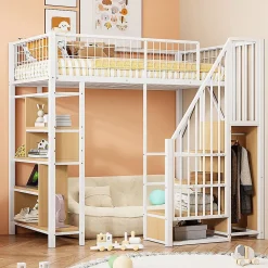 Blackcolors Lit mezzanine multifonctionnel avec rangement, étagères et escalier,90x200cm,blanc,pour adulte et enfant*Enfant Lit Enfant
