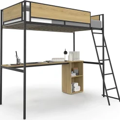 IDMarket Lit mezzanine simple DETROIT avec bureau et rangements 90 x 190 cm design industriel* Lit Double