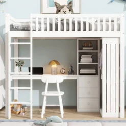 Lit Mezzanine Simple 90x200 cm - En Bois, Avec Bureau et Armoire, Escalier avec Rangements Intégrés - Sans Matelas - Blanc>Okwish Sale