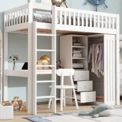 Lit Mezzanine Simple 90x200 cm - En Bois, Avec Bureau et Armoire, Escalier avec Rangements Intégrés - Sans Matelas - Blanc><noscript><img width=