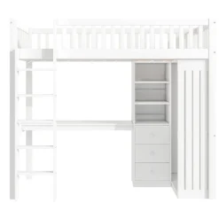 Lit Mezzanine Simple 90x200 cm - En Bois, Avec Bureau et Armoire, Escalier avec Rangements Intégrés - Sans Matelas - Blanc><noscript><img width=