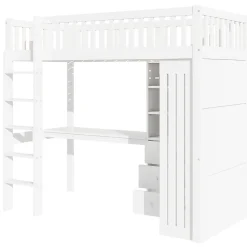 Lit Mezzanine Simple 90x200 cm - En Bois, Avec Bureau et Armoire, Escalier avec Rangements Intégrés - Sans Matelas - Blanc><noscript><img width=