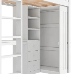 Lit Mezzanine Simple 90x200 cm - En Bois, Avec Bureau et Armoire, Escalier avec Rangements Intégrés - Sans Matelas - Blanc><noscript><img width=