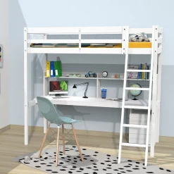 Weber Industries Lit mezzanine STUDIO 90x190 + 1 sommier + caisson 3 tiroirs + bureau + étagère / Blanc* Lit Mezzanine