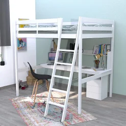 Weber Industries Lit mezzanine STUDIO 140x190 + 1 sommier + caisson 3 tiroirs + bureau + étagère / Blanc* Lit Mezzanine