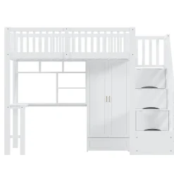 Okwish Lit Mezzanine 90x200 - Lit Enfant avec Bureau, Armoire et Rangements Intégrés, Design Pratique et Moderne, Bois Blanc* Lit Mezzanine