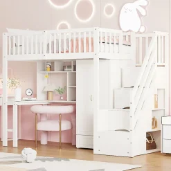 Okwish Lit Mezzanine 90x200 - Lit Enfant avec Bureau, Armoire et Rangements Intégrés, Design Pratique et Moderne, Bois Blanc* Lit Mezzanine