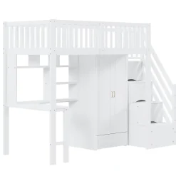 Okwish Lit Mezzanine 90x200 - Lit Enfant avec Bureau, Armoire et Rangements Intégrés, Design Pratique et Moderne, Bois Blanc* Lit Mezzanine