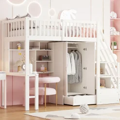 Okwish Lit Mezzanine 90x200 - Lit Enfant avec Bureau, Armoire et Rangements Intégrés, Design Pratique et Moderne, Bois Blanc* Lit Mezzanine