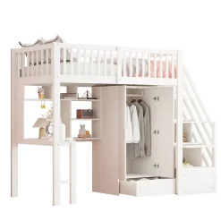 Okwish Lit Mezzanine 90x200 - Lit Enfant avec Bureau, Armoire et Rangements Intégrés, Design Pratique et Moderne, Bois Blanc* Lit Mezzanine