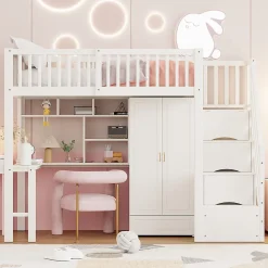 Okwish Lit Mezzanine 90x200 - Lit Enfant avec Bureau, Armoire et Rangements Intégrés, Design Pratique et Moderne, Bois Blanc* Lit Mezzanine