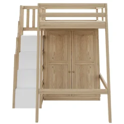 Okwish Lit Mezzanine 90x200 cm - avec Échelle Sécurisée, Rangement Intégré et Armoire - Bois Massif Naturel, Sans Matelas, Naturel* Lit Mezzanine