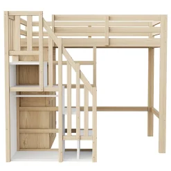 Okwish Lit Mezzanine 90x200 cm - avec Échelle Sécurisée, Rangement Intégré et Armoire - Bois Massif Naturel, Sans Matelas, Naturel* Lit Mezzanine