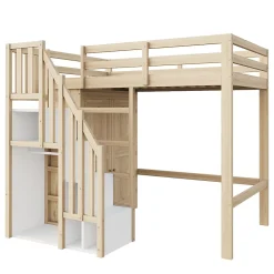 Okwish Lit Mezzanine 90x200 cm - avec Échelle Sécurisée, Rangement Intégré et Armoire - Bois Massif Naturel, Sans Matelas, Naturel* Lit Mezzanine