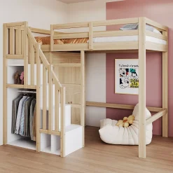 Okwish Lit Mezzanine 90x200 cm - avec Échelle Sécurisée, Rangement Intégré et Armoire - Bois Massif Naturel, Sans Matelas, Naturel* Lit Mezzanine