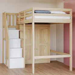 Okwish Lit Mezzanine 90x200 cm - avec Échelle Sécurisée, Rangement Intégré et Armoire - Bois Massif Naturel, Sans Matelas, Naturel* Lit Mezzanine